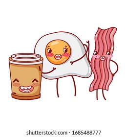 breakfast cute bacon fried egg and plastic coffee cup cartoon vector illustration