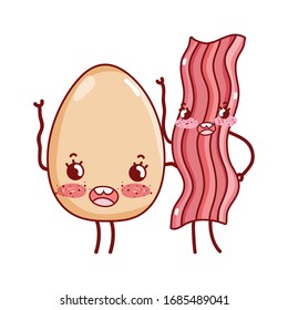 breakfast cute boiled egg and bacon kawaii cartoon vector illustration