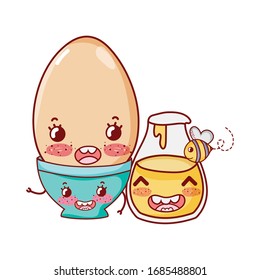 breakfast cute boiled egg and honey bottle kawaii cartoon vector illustration