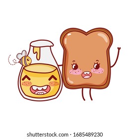 breakfast cute bread and honey bottle kawaii cartoon vector illustration