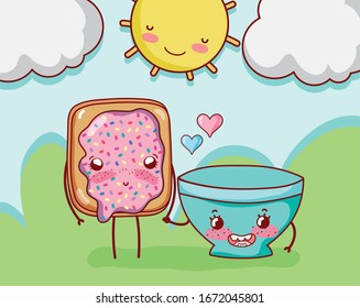 breakfast cute bread with jam and bowl in the park cartoon vector illustration