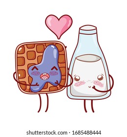 breakfast cute bread with jam and milk bottle heart kawaii cartoon vector illustration