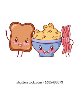 breakfast cute cereal bread and bacon cartoon vector illustration
