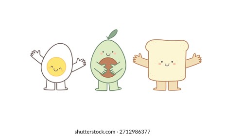 Desayuno lindo carácter Ilustración vectorial. comida feliz kawaii impresión