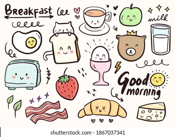 Breakfast cute doodle ornament with cat and food illustrationBreakfast cute doodle ornament with cat and food illustration
