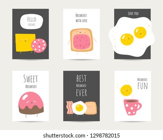 Breakfast cute egg, bacon, bun, cheese, salami, bread, cookie, cup of coffee characters. Flat style funny cards, postcards, templates with quotes for cafe, restaurant menu