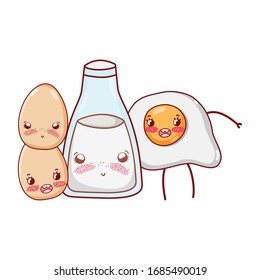 breakfast cute fried egg and boiled eggs and milk happy outdoor cartoon vector illustration