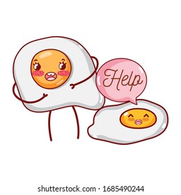 desayuno huevos fritos lindos con ayuda texto kawaii caricatura ilustración vectorial