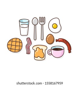 Breakfast cute set with cup of tea, waffle, milk, bacon, egg, sausage, toast with jam on white background. Vector illustration 