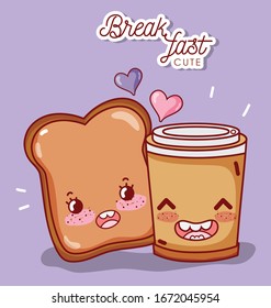 breakfast cute slice bread and disposable coffee cup cartoon vector illustration