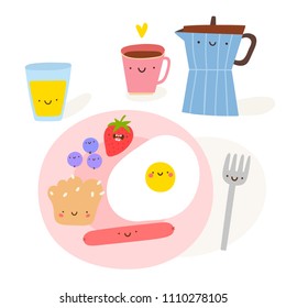 Breakfast - cute vector illustration with food characters. Good Morning background. Super cute cartoon Coffee, Egg, Muffin, Juice, Berries for breakfast.