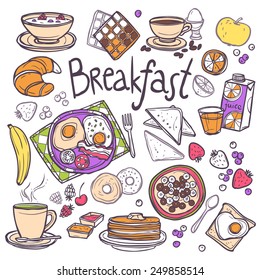 Breakfast decorative sketch icons set with fried eggs toasts cereals orange juice isolated vector illustration