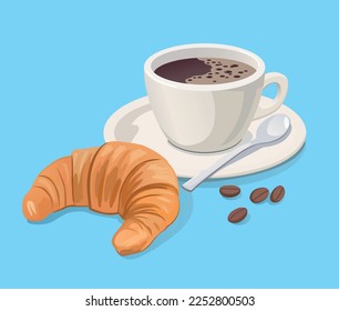 Breakfast, delicious start to the day. Cup with hot coffee and fresh croissant. Vector illustration.