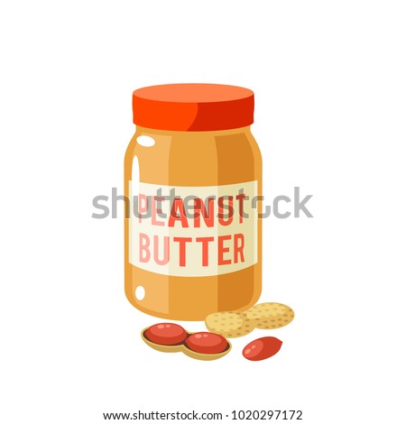 Breakfast, delicious start to the day. Jar of peanut butter and peanuts. Vector illustration cartoon flat icon isolated on white.