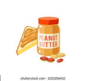 Breakfast, delicious start to the day. Peanut butter jar and toast. Vector illustration cartoon flat icon isolated on white.