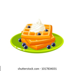 Breakfast, delicious start to the day. Plate with pile of best in town waffles topped with whipped cream and berries. Vector illustration cartoon flat icon isolated on white.