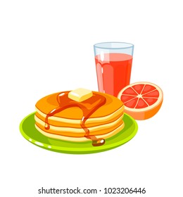 Breakfast, delicious start to the day. Plate with pile of pancakes with butter and maple syrup and glass of fresh grapefruit juice. Vector illustration cartoon flat icon isolated on white.