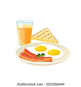 Breakfast, delicious start to the day. Plate with fried eggs and slices of bacon, glass of fresh orange juice and toast. Vector illustration cartoon flat icon isolated on white.