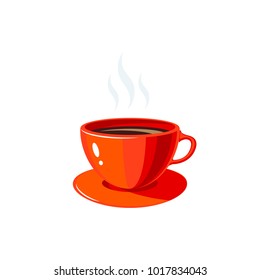 Breakfast, delicious start to the day. Red cup with hot coffee. Vector illustration cartoon flat icon isolated on white.