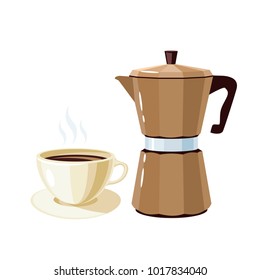 Breakfast, delicious start to the day. Retro geyser coffee maker and cup. Vector illustration cartoon flat icon isolated on white.