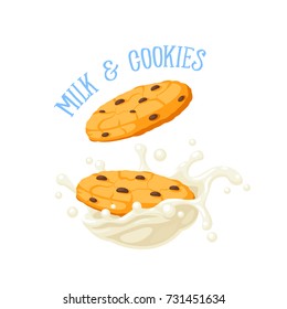 Breakfast design. Chocolate chip cookie in milk splash burst. Vector illustration cartoon flat icon isolated on white.