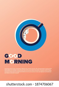 Cartel de diseño del desayuno. Copa de café y Omelet Good Morning Textos sobre un fondo claro. Vista superior.