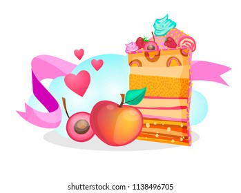 Breakfast, dessert, dinner, date. Set of cake, apple, cherry. Colorful hand drawn vector stock illustration.