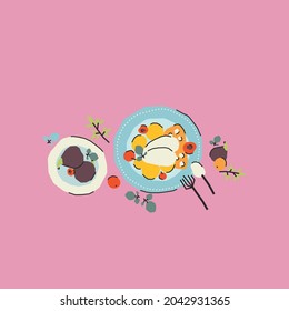 Breakfast. Dessert. Fruits. Trendy cute vector illustration, postcard, print