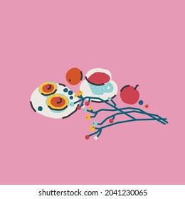 Breakfast. Dessert. Tea drinking. Trendy cute vector illustration, postcard, print