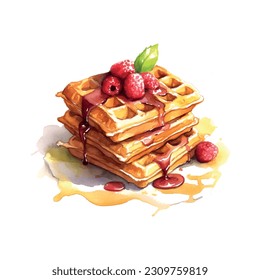 Desayuno postre Watercolour carácter waffles vieneses acuarela. Fondo de la ilustración del vector.