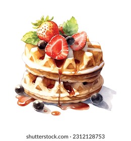 Breakfast dessert Watercolor character viennese waffles watercolor. Vector illustration background.