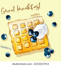 Breakfast dessert Watercolor character viennese waffles with blueberry. Sour cream. Cute Vector illustration background