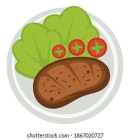 Frühstück oder Abendessen, einzeln auf Teller mit gegrilltem Fleisch. Tomatenscheiben und Salatblätter. Restaurant und Abendessen, traditionelle Mahlzeiten in Café oder Bar. Zubereitung von Sirulin. Vektorgrafik im Flachstil