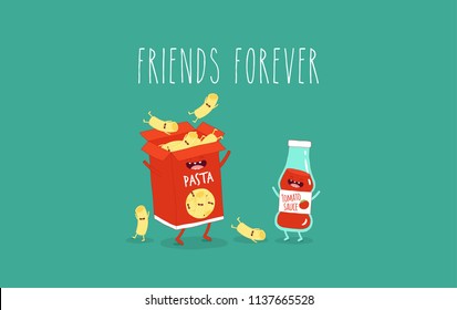 Breakfast, dinner, funny pasta, tomato sauce. Funny image. Vector illustration. Use for the menu, in the shop, in the bar, the card or stickers. Easy to edit. 