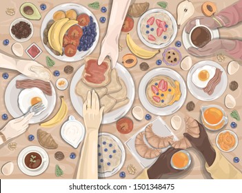 Breakfast, dinner, holiday, food set. Group of people family or friends eat at a common table together. Vector doodle set.
