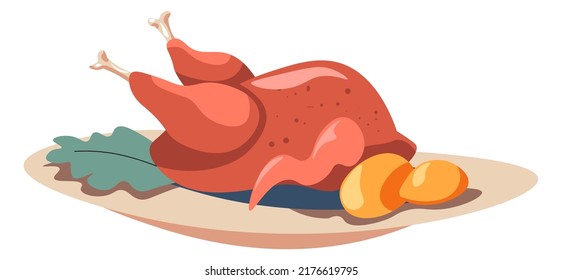 Desayuno o cena, pavo aislado o pollo frito o asado, horneado en horno y servido en plato. Menú de restaurante o cafetería, cena con comida nutritiva para los visitantes. Vector de estilo plano