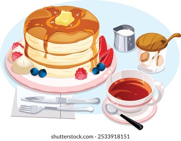 Escena del desayuno. Panqueques con Té, Cubiertos, Sugar Holder y Leche. Ilustración vectorial de estilo anime.