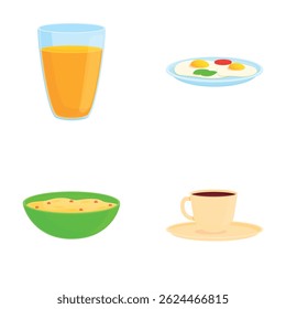 Breakfast dish icons set cartoon vector. Tasty served morning food and drink. Food, nutrition