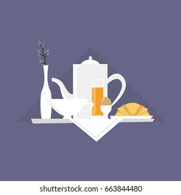 Breakfast dish on a tray isolated. Vector illustration