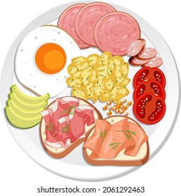 Breakfast dish with scrambled eggs and meats illustration