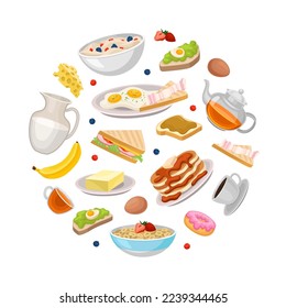 Breakfast dishes of circular shape. Sandwich, fried eggs, bacon, pancakes, coffee and tea cups cartoon vector illustration