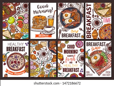 Breakfast dishes hand drawn poster templates set. Traditional American and British morning meal sketches pack. Cafe and restaurant menu flyer, brochure layout. Served fried eggs, bread and bacon