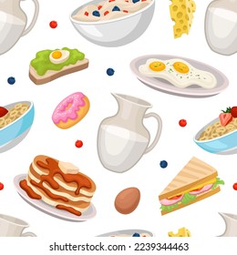Los platos del desayuno se preparan de forma impecable. Menú matutino platos saludables repitiendo impresión para fondo, papel pintado, empaque, vectores de caricatura textil