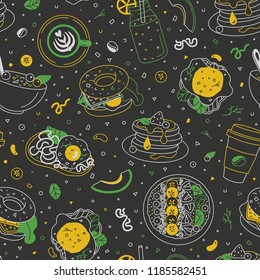 Breakfast dishes seamless pattern on the blackboard. Vector morning food chalk drawing illustration