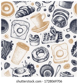 Breakfast dishes vector background. Morning food hand drawn illustrations. Breakfast and brunches menu design. Vintage hand drawn food and drinks seamless pattern. Engraved style food backdrop.