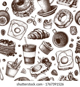 Breakfast Dishes Vector Background. Morning Food Hand Drawn Illustrations. Breakfast And Brunches Menu Design. Vintage Hand Drawn Food And Drinks Seamless Pattern. Engraved Style Food Backdrop.