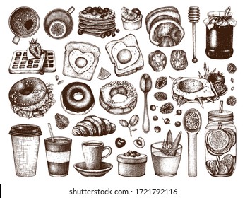 Breakfast dishes vector collection. Morning food hand drawn illustrations. Breakfast and brunches menu design elements set. Vintage hand drawn food and drinks sketches. Engraved style drawings.