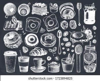 Breakfast dishes vector collection on chalk board. Morning food hand drawn illustrations. Breakfast and brunches menu design elements set. Vintage hand drawn food and drinks sketches on chalkboard