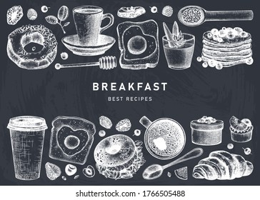 Breakfast dishes vector collection on chalk board. Morning food hand drawn illustrations. Breakfast and brunches menu design. Vintage hand drawn food and drinks sketches on chalkboard