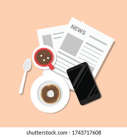 Breakfast With Donut, Coffee/ Hot Chocolate Drink, Phone, Spoon, Plate And News Paper Vector Illustration